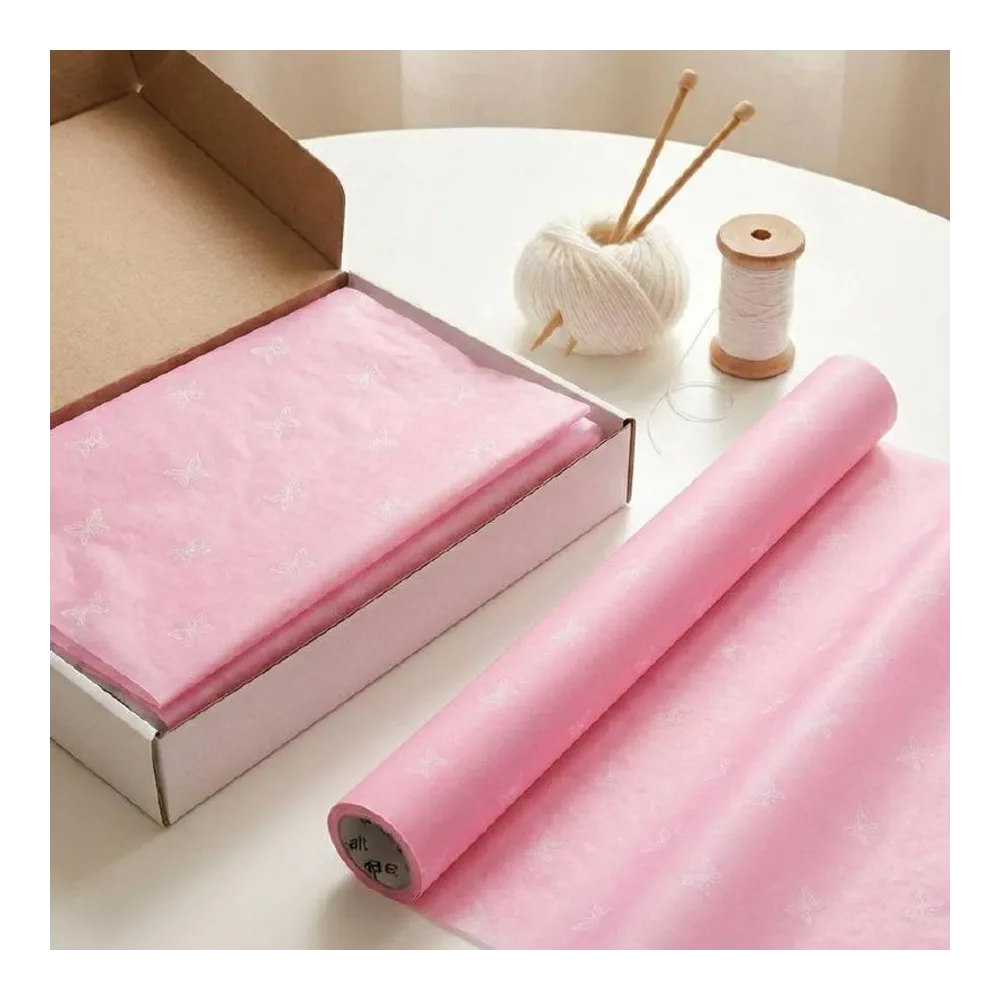 Бумага тишью в рулоне, цвет пастельный розовый, 500мм*100м, 17 г/м2, «Бабочки», цв.печати белый