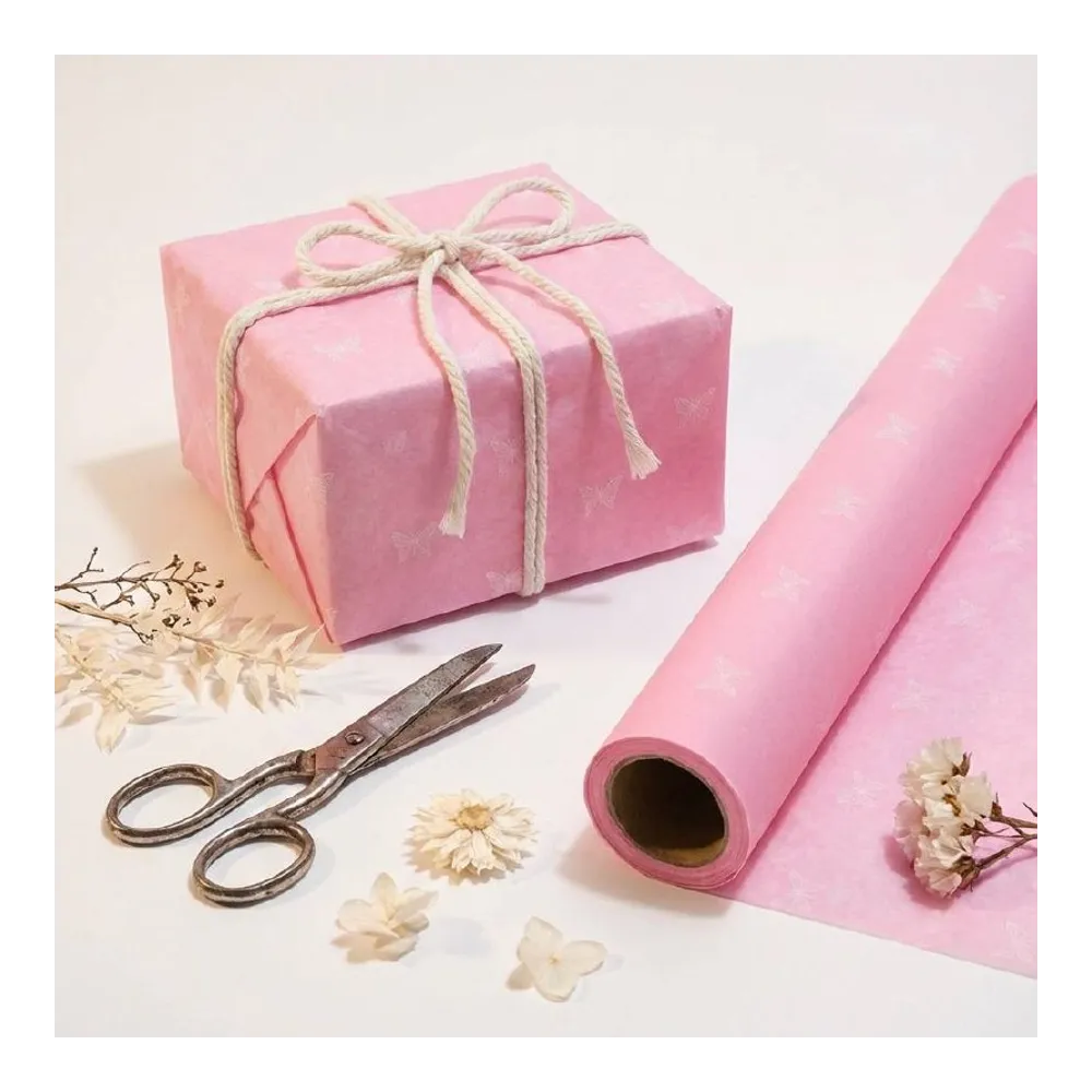 Бумага тишью в рулоне, цвет пастельный розовый, 500мм*10м, 17 г/м2, «Бабочки», цв.печати белый