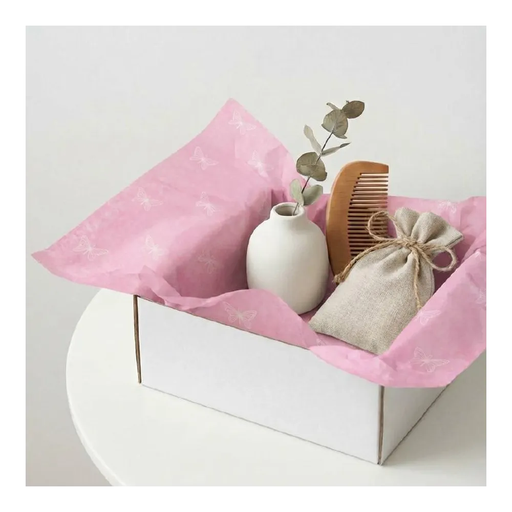 Бумага тишью в рулоне, цвет пастельный розовый, 500мм*50м, 17 г/м2, «Бабочки», цв.печати белый